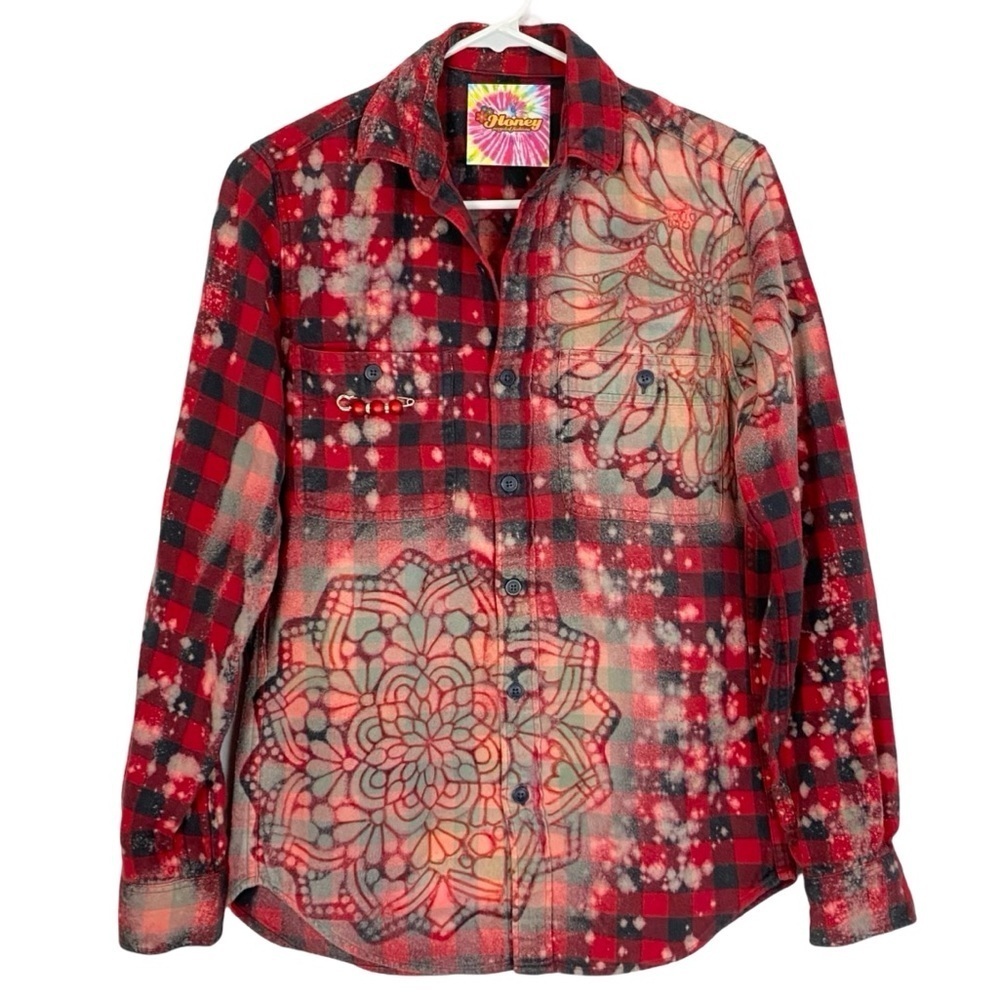Handmade Floral Flannel Shirt Mens XS Unisex Bleached Button Down Red Upcycled